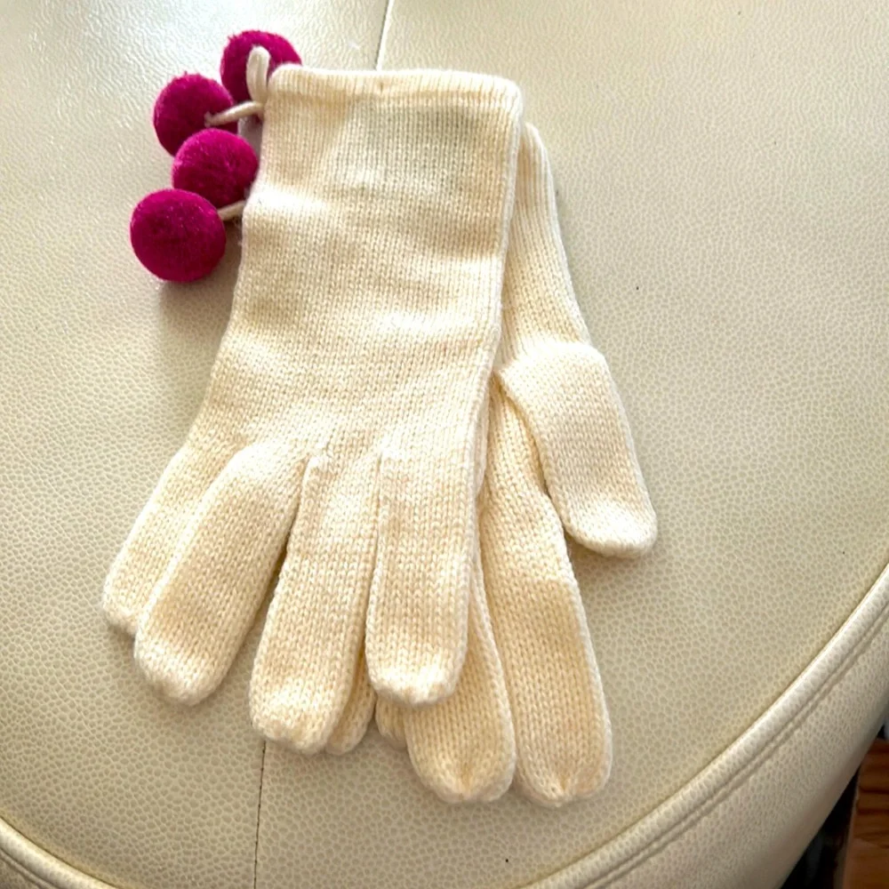 Claiborne Gloves Cream Pink Pom Poms NEW Stretch Knit Girly Glam Feminine